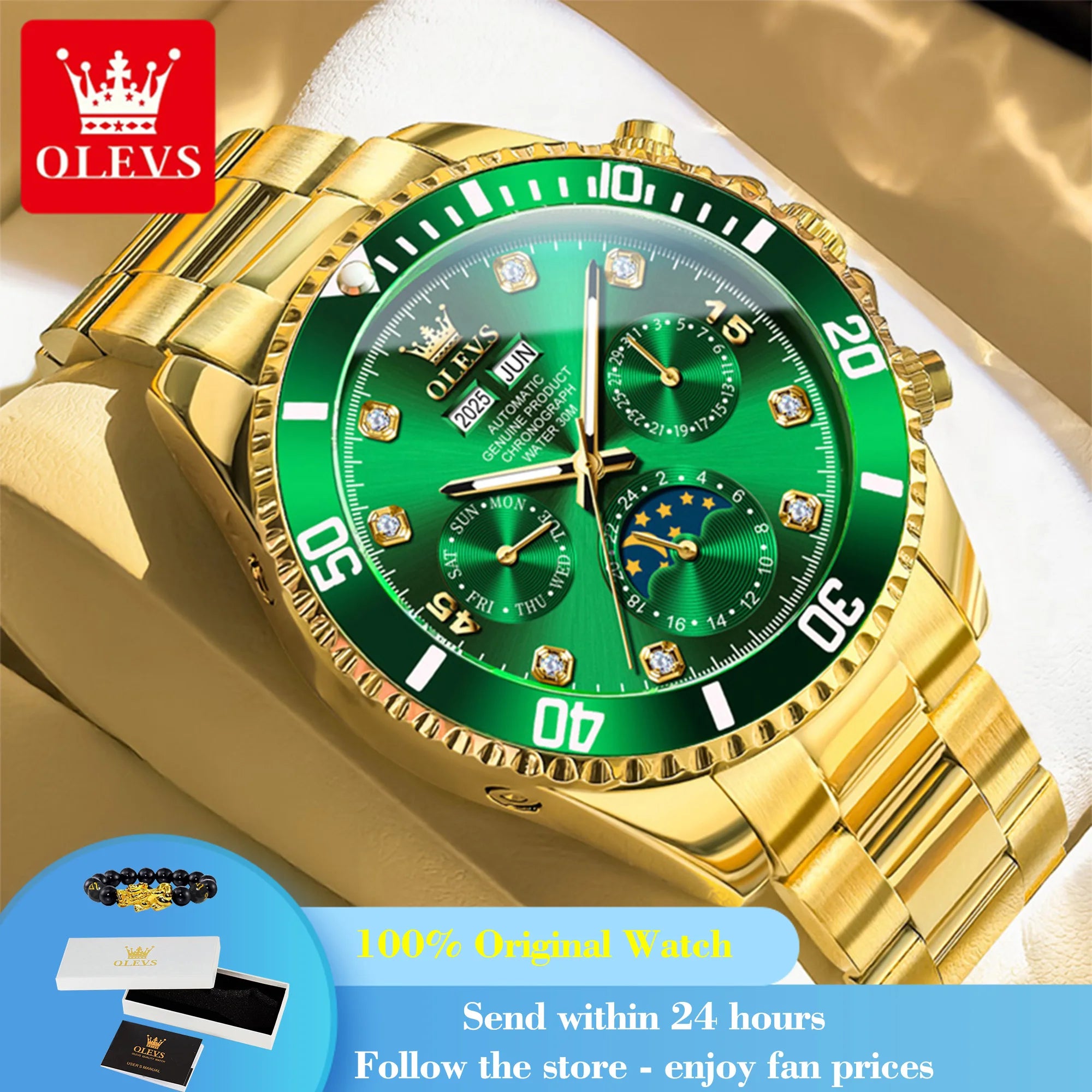 OLEVS 6729 Automatic Watch Man 24 Hour Moon Phase Mechanical Watch For Men Luxury 30M Waterproof Luminous Date Men's Wristwatch