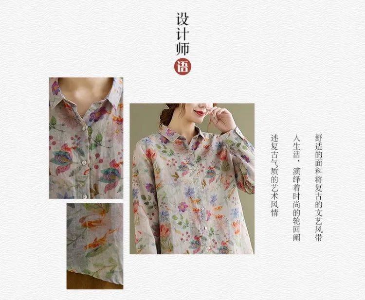 Women's Clothing Shirts Blouse Camisas Women Shirts Vintage Blusa Mujer Cotton Linen Casual Print Long Sleeve Flower Autumn
