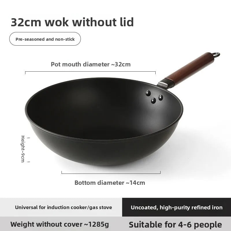 Iron pot without coating, flat bottomed pot already cooked, household induction cooker, gas stove, universal non stick pot