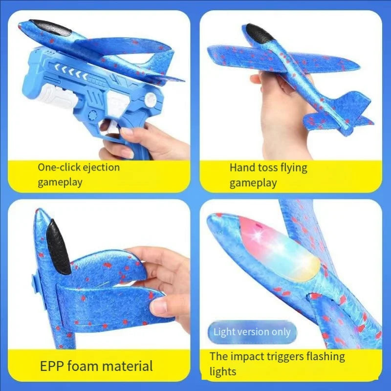 Glowing Foam Aircraft 10M Launcher Catapult Glider Aircraft Gun Toy Children's Outdoor Game Bubble Model Shooting Flying Roundab