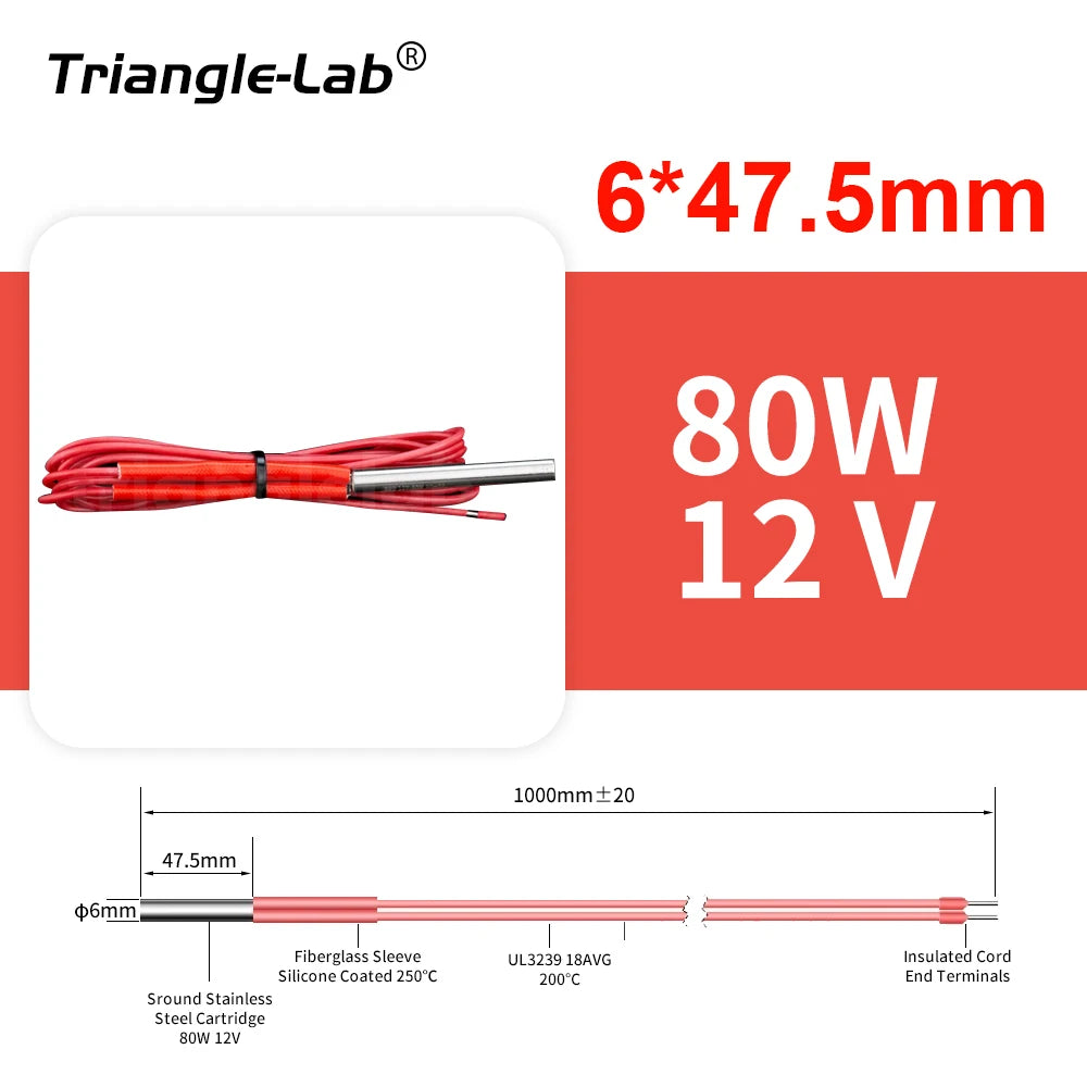 Trianglelab 3D Printer 6*20MM 12V/24V 40W Heater Cartridge With 100CM cable For 3D Printer for PT100 HOTEND Volcano MK8 MK9