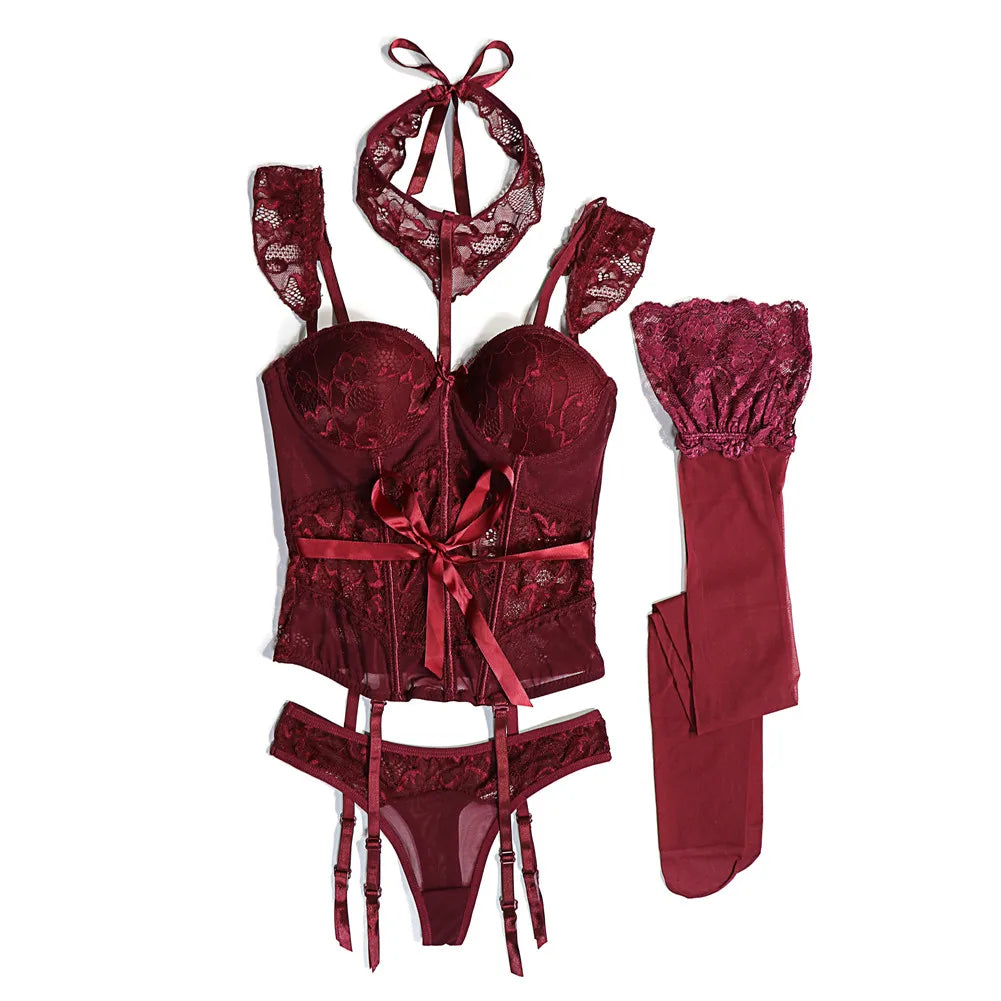 Varsbaby Sexy Lace Corset Body Shapewear Set Women Bustier with Suspenders Stockings Choker 4pcs Body Shapers Lingerie
