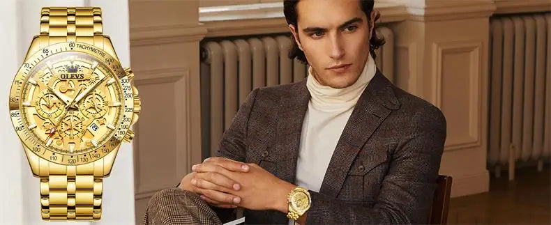 OLEVS Men's Watches Gold Luxury Hollow Out Style Original Quartz Watch for Man Waterproof Luminous Chronograph Date 24 Hours