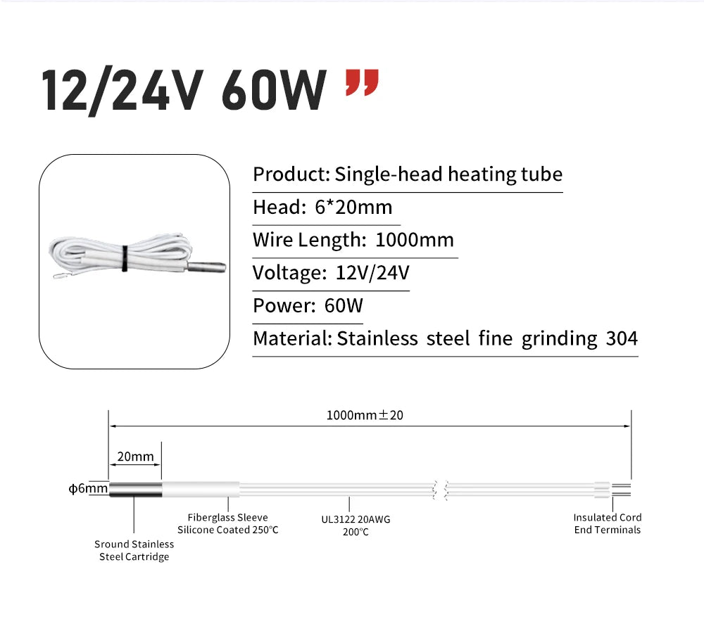 Trianglelab 3D Printer 6*20MM 12V/24V 40W Heater Cartridge With 100CM cable For 3D Printer for PT100 HOTEND Volcano MK8 MK9