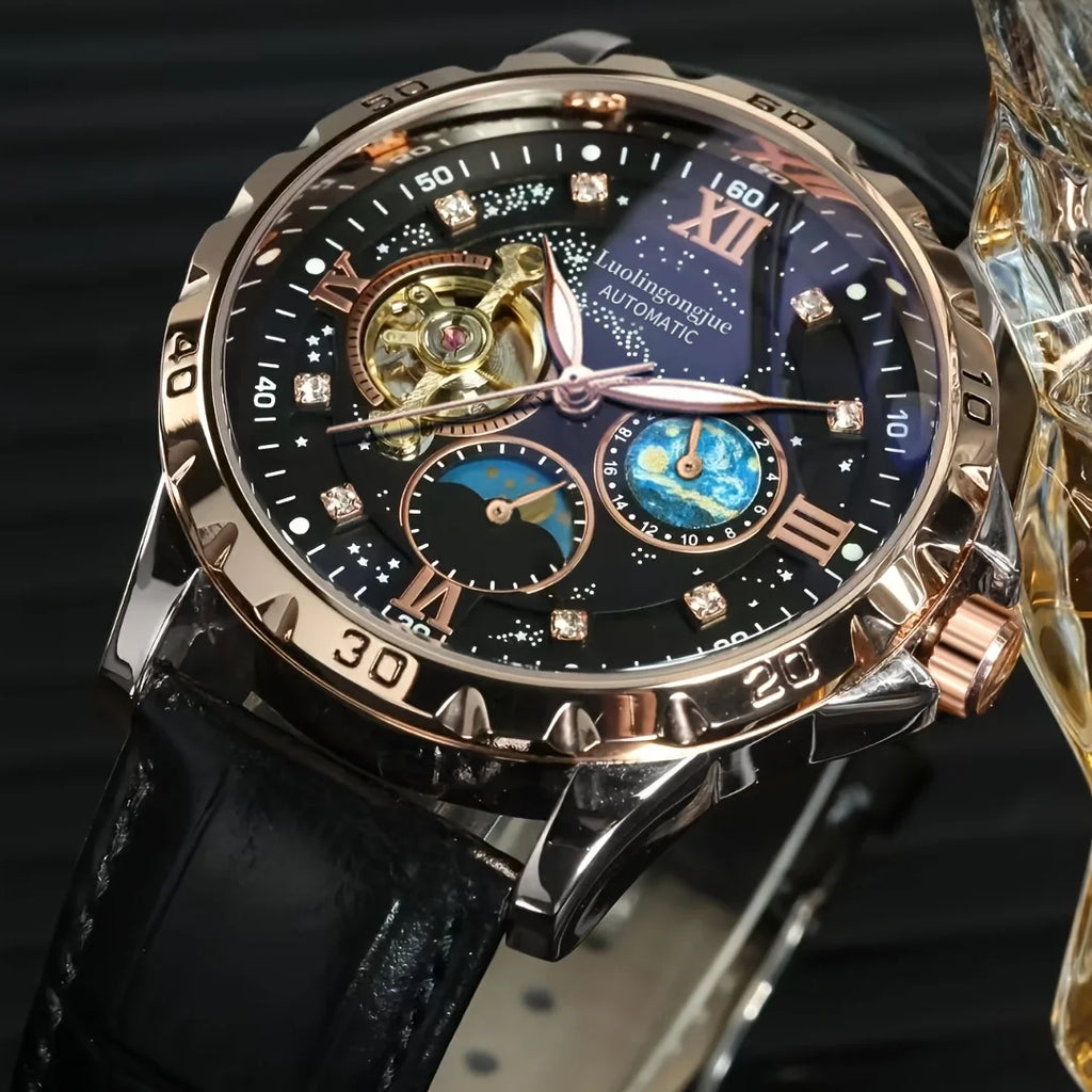 Luxurious Automatic Mechanical Men's Watch, Starry Night Luminous Dial, Elegant Tourbillon Movement, Ideal for Business or Casual Wear, Perfect Christmas or Birthday Gift, Holiday Gift Watch, No Battery Needed