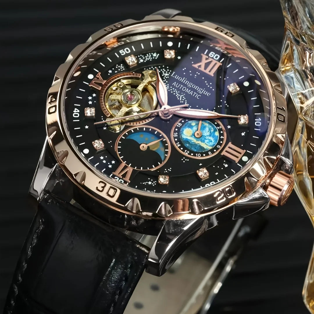 Luxurious Automatic Mechanical Men's Watch, Starry Night Luminous Dial, Elegant Tourbillon Movement, Ideal for Business or Casual Wear, Perfect Christmas or Birthday Gift, Holiday Gift Watch, No Battery Needed