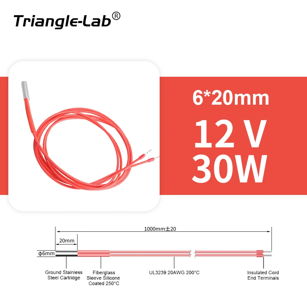 Trianglelab 3D Printer 6*20MM 12V/24V 40W Heater Cartridge With 100CM cable For 3D Printer for PT100 HOTEND Volcano MK8 MK9