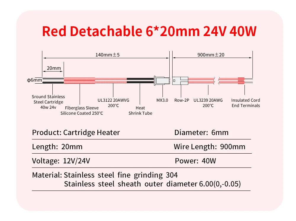 Trianglelab 3D Printer 6*20MM 12V/24V 40W Heater Cartridge With 100CM cable For 3D Printer for PT100 HOTEND Volcano MK8 MK9
