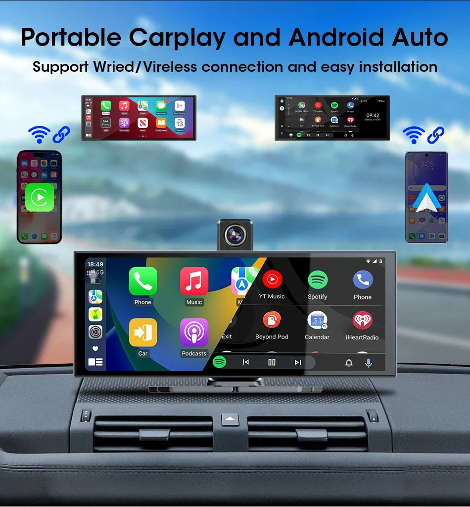 Srnubi Universal 11.26” Car DVR Wireless Carplay Android Auto 4K Front 1080P Rear Camera Dashcam GPS Navi Dashboard 24H Parking