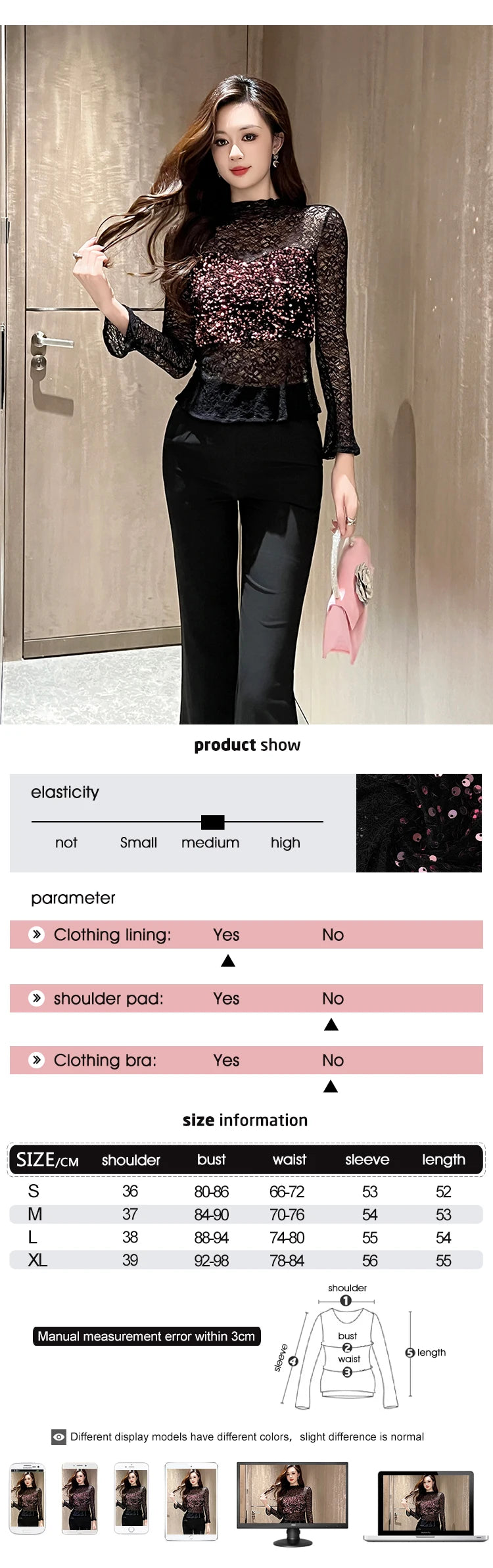 Women's Clothing Chic Black Lace Sexy T-Shirt Ladies Elegant Perspective Short Blouses Sequin Tops Bottom Pullover Jumper Party