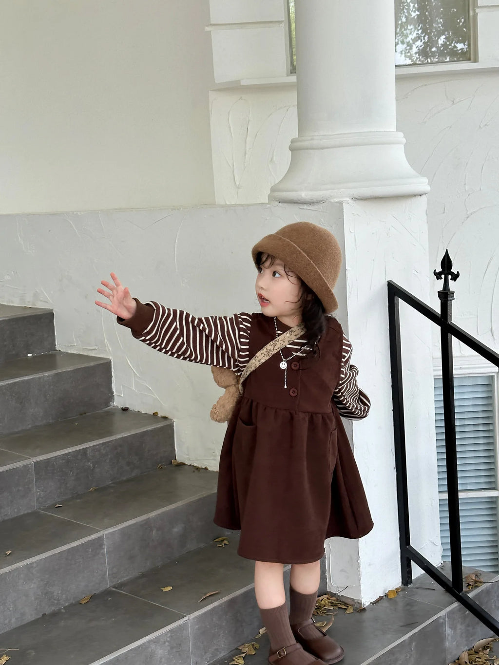 Clothing Suit Girls' Striped Long-Sleeved Sweater Plus Corduroy Vest Skirt  Autumn and Winter Clothing New Suit