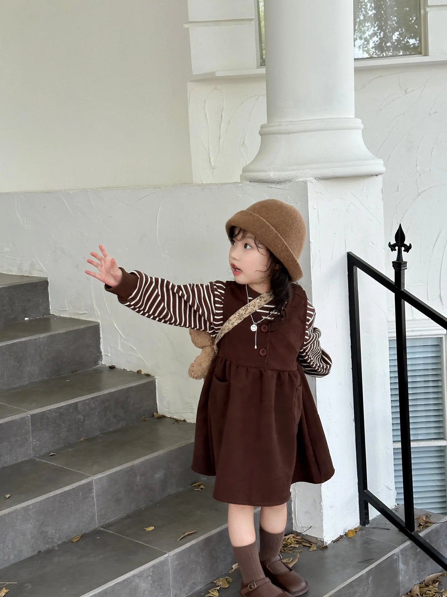 Clothing Suit Girls' Striped Long-Sleeved Sweater Plus Corduroy Vest Skirt  Autumn and Winter Clothing New Suit