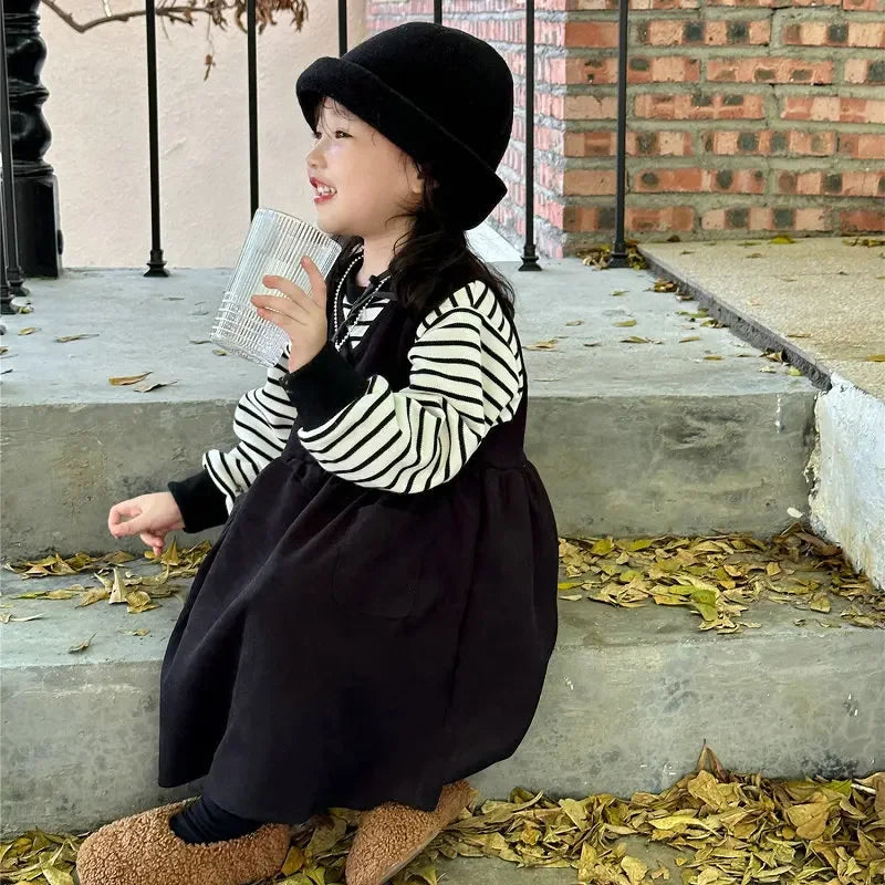 Clothing Suit Girls' Striped Long-Sleeved Sweater Plus Corduroy Vest Skirt  Autumn and Winter Clothing New Suit