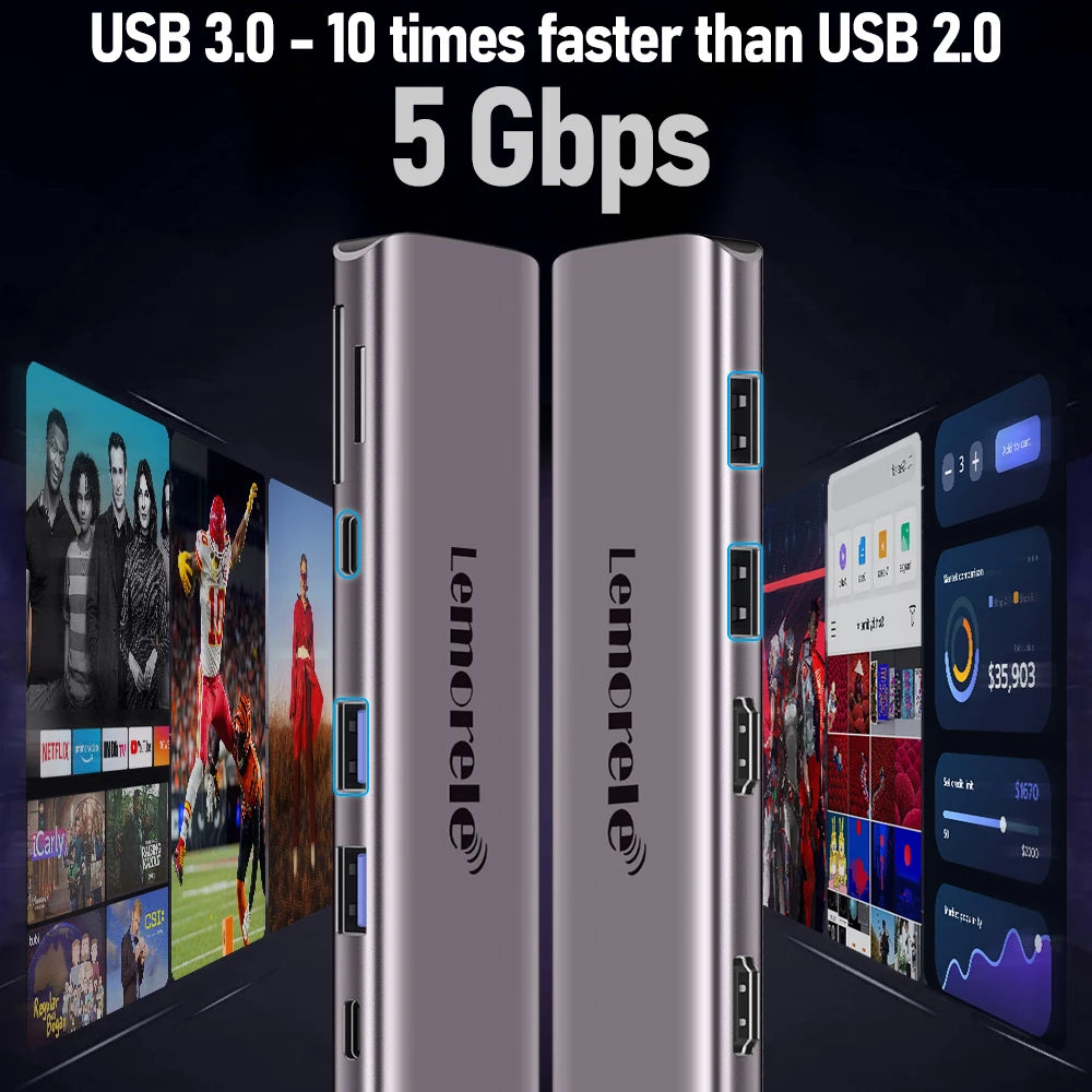 Lemorele 10 Ports USB C HUB Docking Station Type C to Dual HDMI 4K 30Hz PD100W SD/TF for macbook ASUS lenovo laptop