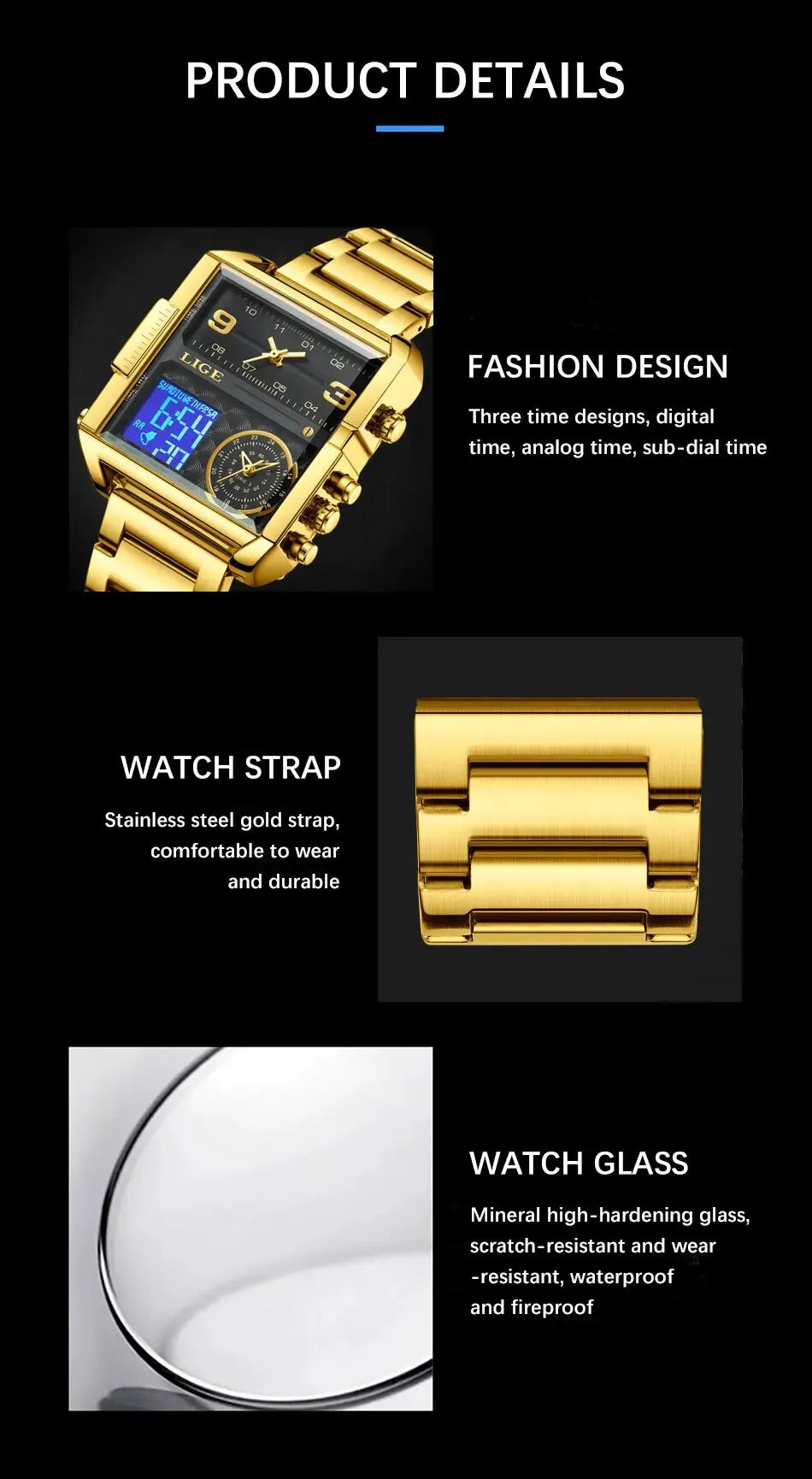 LIGE Luxury Original Men Sports Wrist Watch Gold Quartz Steel Waterproof Dual Display Clock Watches For Men Relogio Masculino