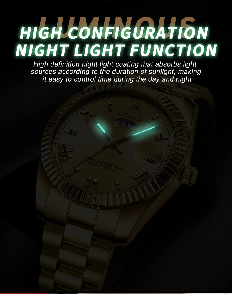 BINBOND Brand Mens Business Sports Quartz Watch Classic Waterproof Luminous Calendar Creative Clock Male Personalized Wristwatch