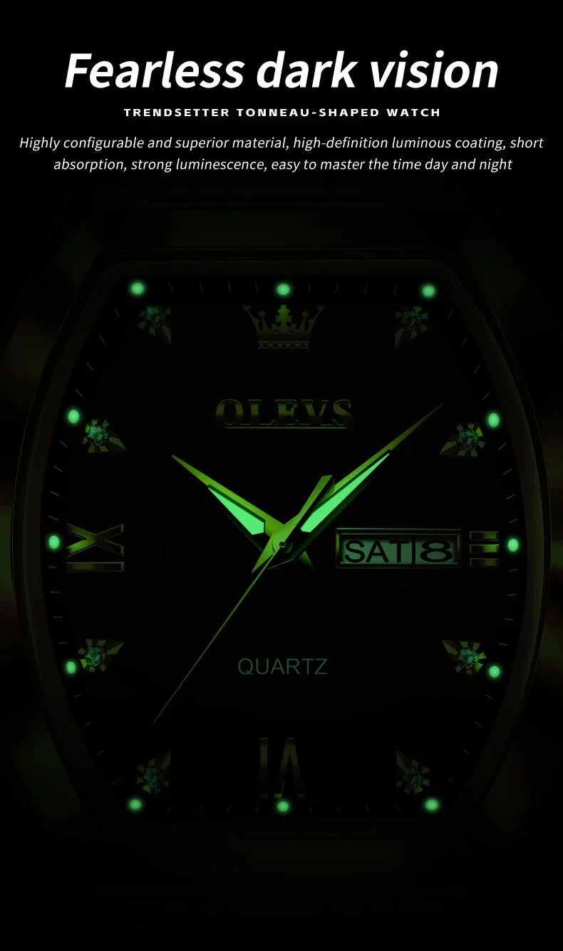 OLEVS Men's Watches Luxury Tonneau Original Top Brand Quartz Watch for Men Waterproof Luminous Week Date Male Wristwatch