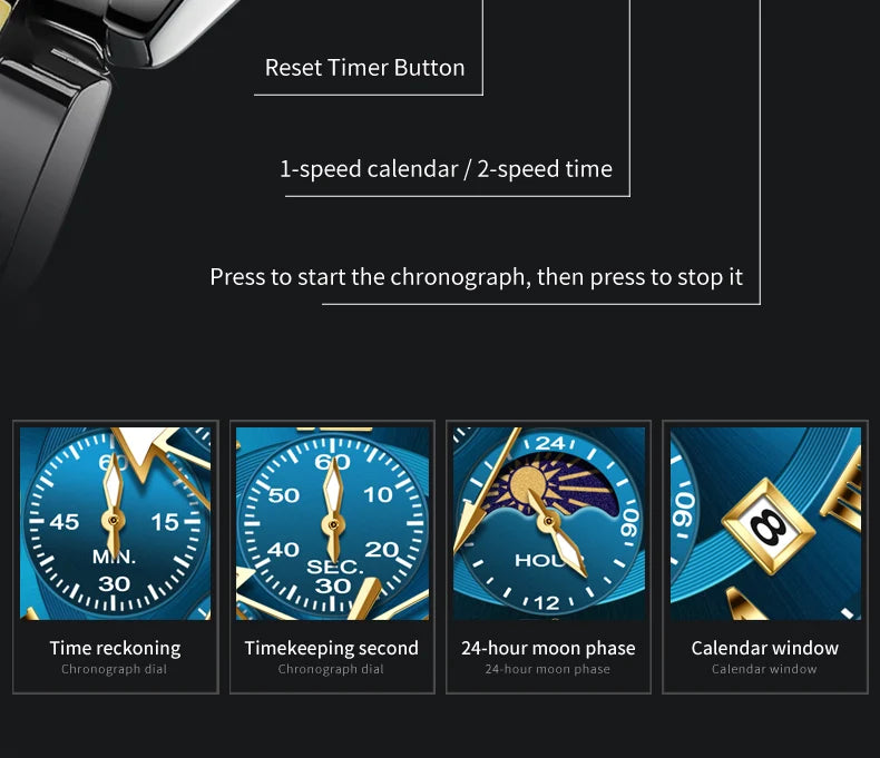 OLEVS 3675 Mens Watch Original Multifunctional Chronograph Quartz Watch Moon Phase Watches For Men Waterproof Mens Gifts Reloj