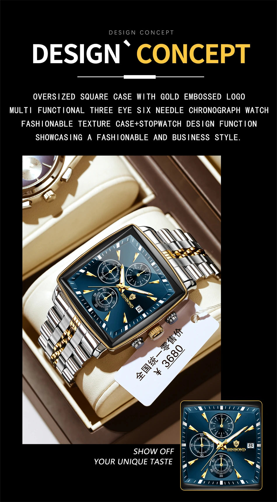 BINBOND Luxury Square Sport Man Wristwatch Waterproof Luminous Chronograph Quartz Men's Watches Stainless Steel Men Watch Reloj