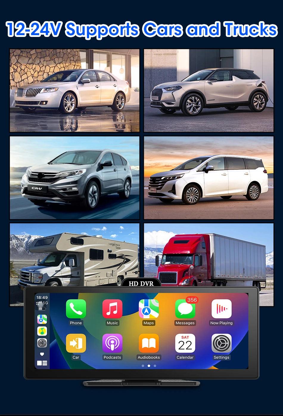 10/11.26 Inch 4K DVR Wireless CarPlay & Android Auto Dash Cam Bluetooth Audio GPS Navigation Dashboard Dual Lens Video Recorder