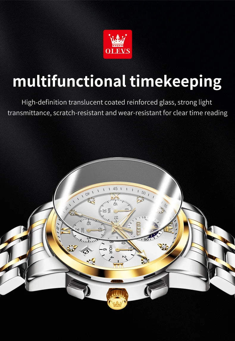 OLEVS 3655 Moon Phase Classic Three Eye Dial Men's Watch Stainless Steel Watch for Male Butterfly Buckle Waterproof Quartz watch