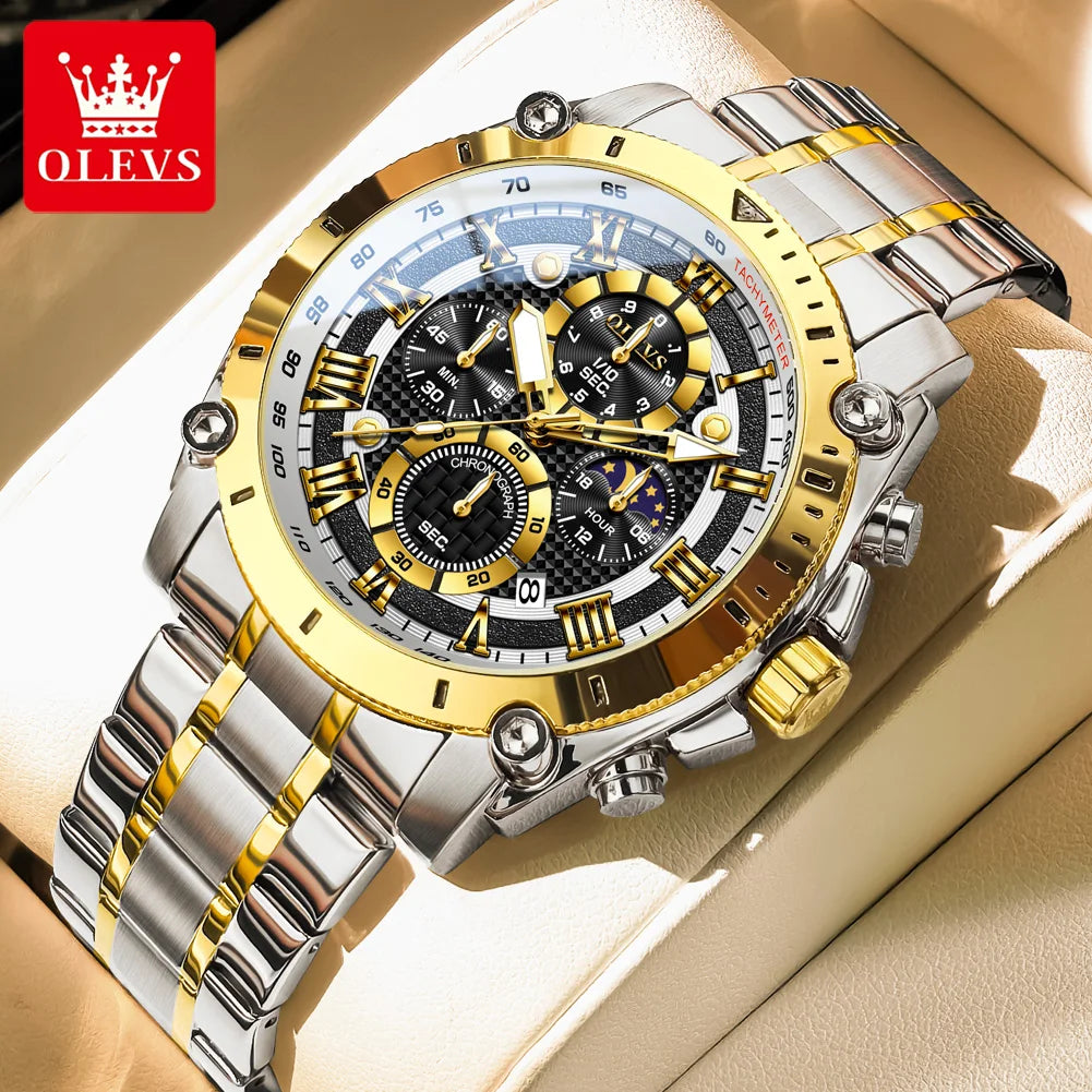 OLEVS 3689 Original Moon Phase Mens Watch Multifunctional Chronograph Quartz Watch  Waterproof Sports Watches For Man Gift Reloj
