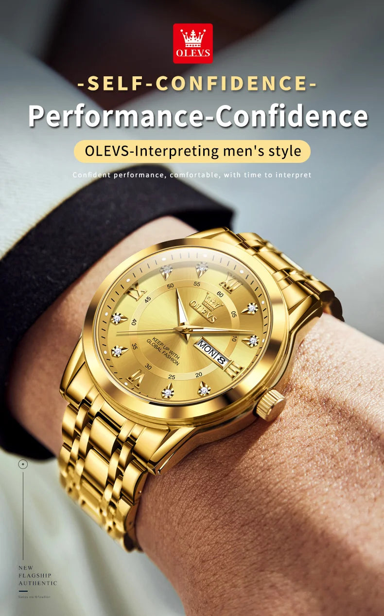 OLEVS Quartz Watch for Men Luxury Diamonds Gold Watch Waterproof Luminous Stainless Steel Business Men's Quartz Watch Mens Watch