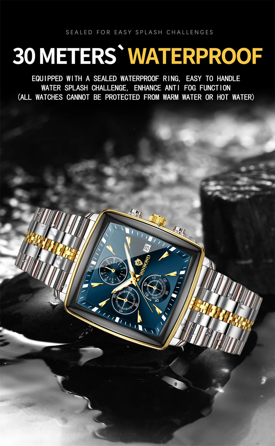 BINBOND Luxury Square Sport Man Wristwatch Waterproof Luminous Chronograph Quartz Men's Watches Stainless Steel Men Watch Reloj