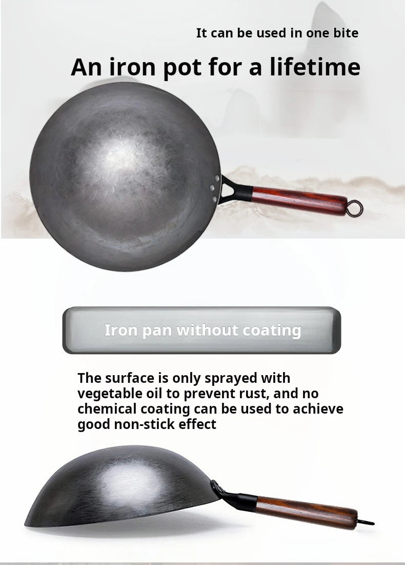 Iron Pot Household Frying Pan Traditional Hand Forged Without Coating Wooden Handle Old-style Non-iron Pot (30cm)
