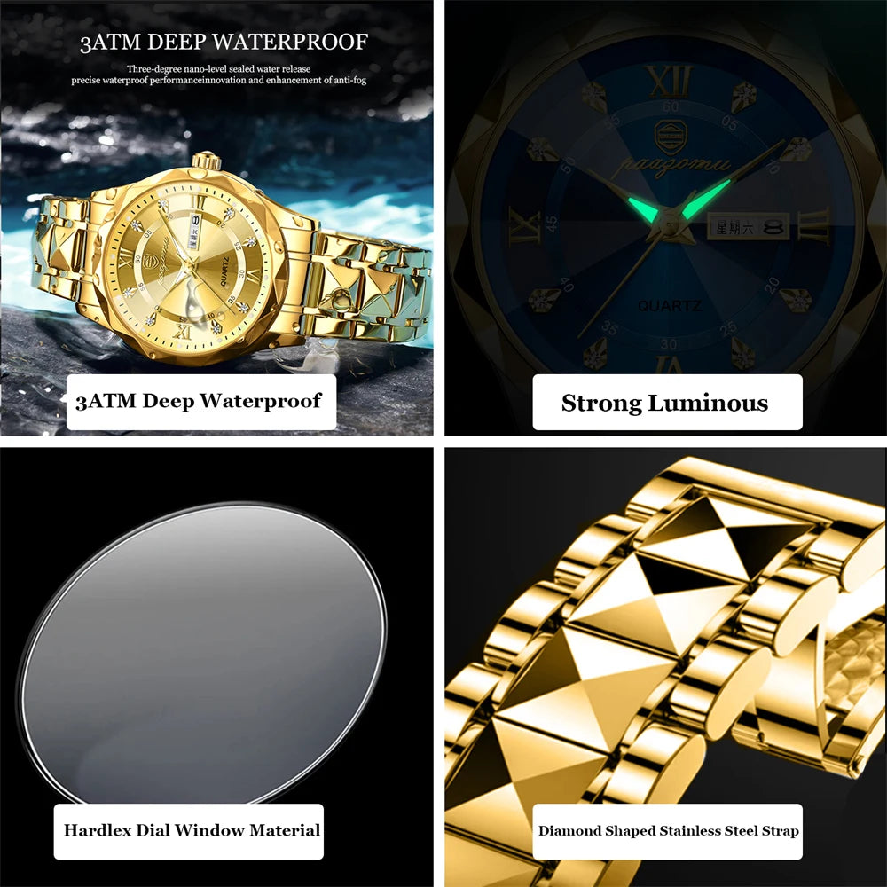 PENGAGAR Top Brand Luxury Man Wristwatch Waterproof Luminous Date Week Men Watches Stainless Steel Quartz Men's Watch Male reloj