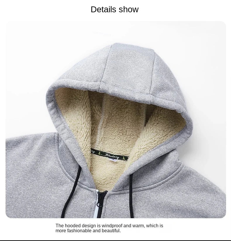 Winter Lambswool Zipper Hoodies Thicken Warm Jacket Men Long Sleeve Sweatshirts Casual Sports Fleece Coats Hooded Man Jackets
