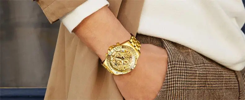 OLEVS Men's Watches Gold Luxury Hollow Out Style Original Quartz Watch for Man Waterproof Luminous Chronograph Date 24 Hours