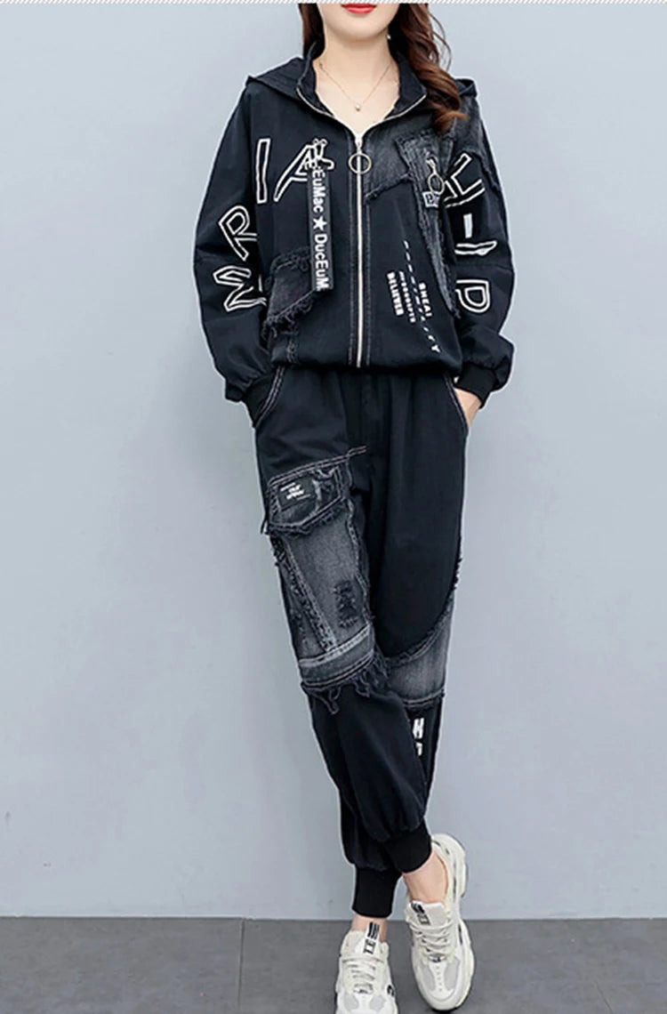 Clothing Suits 2025 Spring autumn Punk Outfits Womens Two Pieces Sets British Loose Casual Hooded Jackets Denim Pants