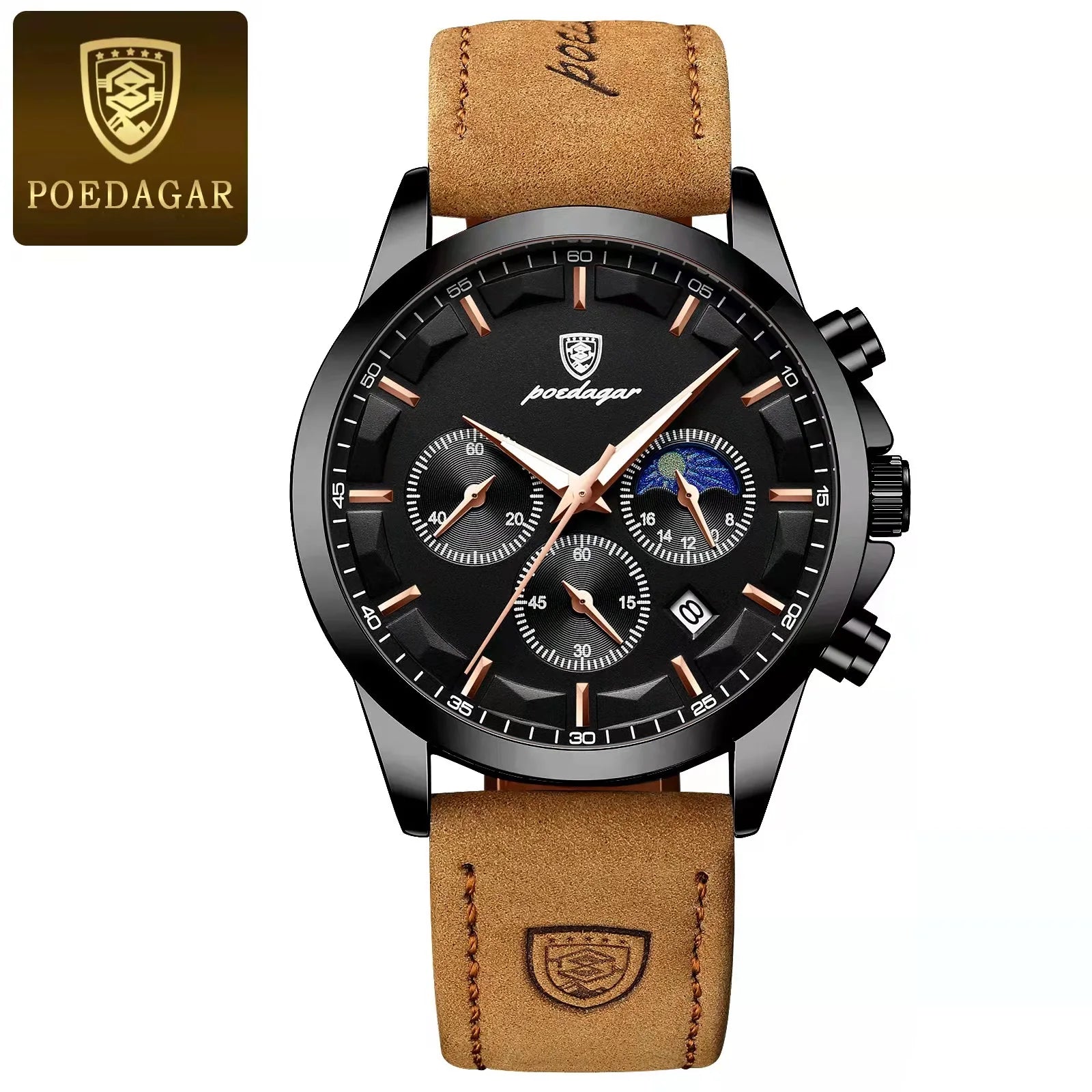 POEDAGAR Sports Luxury Men Quartz Watch Waterproof Chronograph Luminous Date Man Wristwatch Business Leather Men's Watches Clock