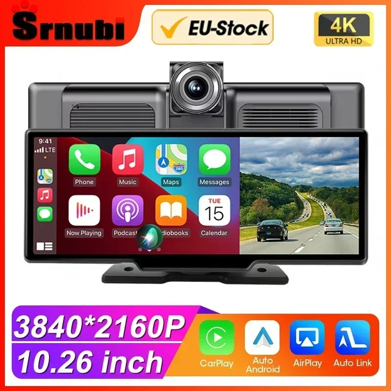 Srnubi 10.26" Dash Cam Rearview Carplay Android Auto 4K DVR Navigation Player Dual Len Recorder Dashboard WIFI BT