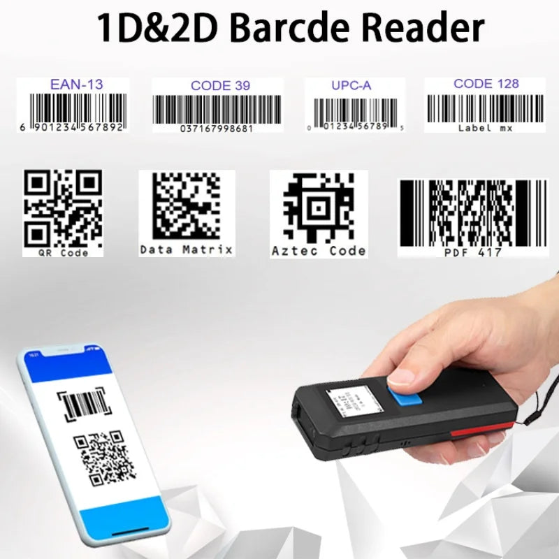 Mini Bluetooth Portable 1D 2D Barcode Scanner with Display Can Store data Easy to Operate connect  Mobile Phone or Laptop