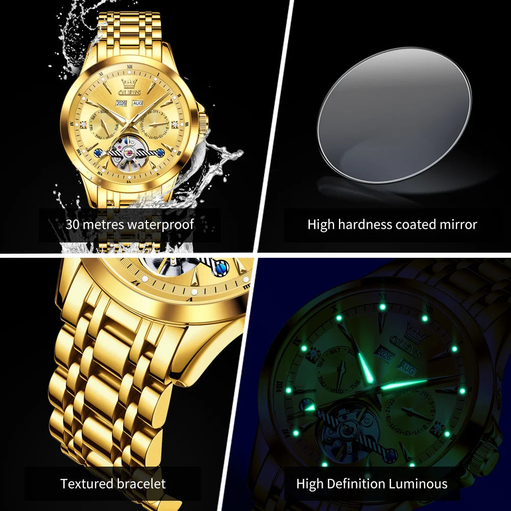 OLEVS 7091 Mens Watch Original Flywheel Automatic Mechanical Watch For Man Perpetual Calendar Waterproof Luminous Luxury Reloj