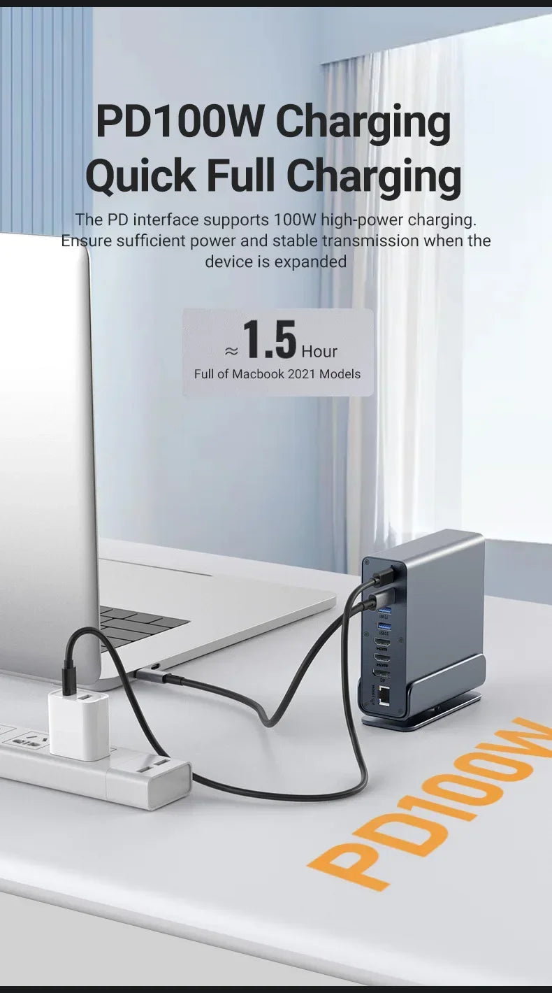 15 in 1 USB C Docking Station 4K HD Vertical Hub with Triple Monitor RJ45 1000M,USB 3.0/2.0,PD 3.0,SD/TF,Audio 3.5 for Laptop PC