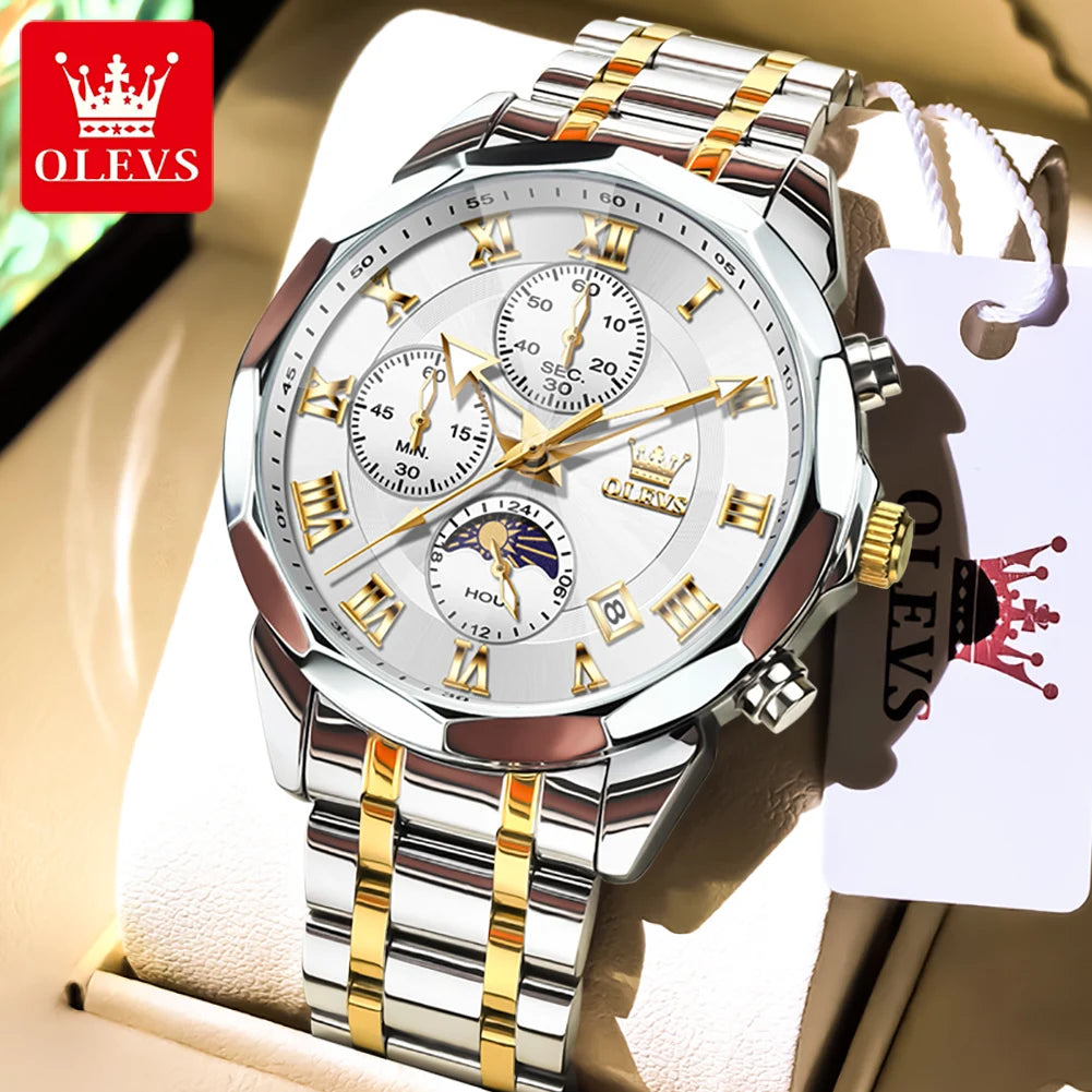OLEVS 3675 Mens Watch Original Multifunctional Chronograph Quartz Watch Moon Phase Watches For Men Waterproof Mens Gifts Reloj