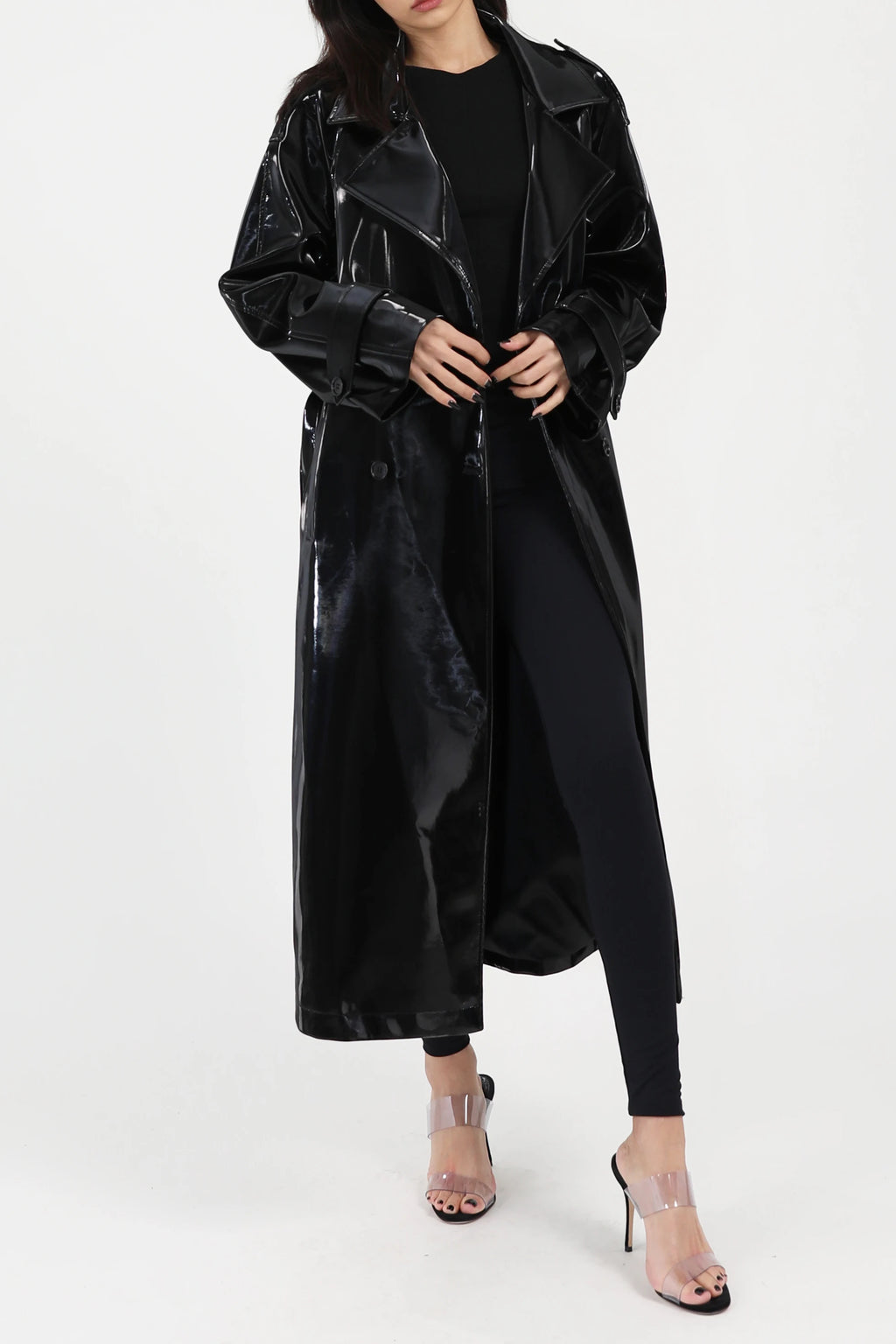 Lautaro Spring Autumn Long Shiny Reflective Patent Leather Trench Coat for Women Sashes Luxury Designer Runway European Fashion