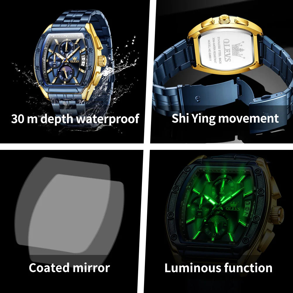 OLEVS Watch New 3661 Mens Watch Luxury Quartz Watch Waterproof Luminous Stainless Steel Moon Phase Sport Tonneau Watches For Men