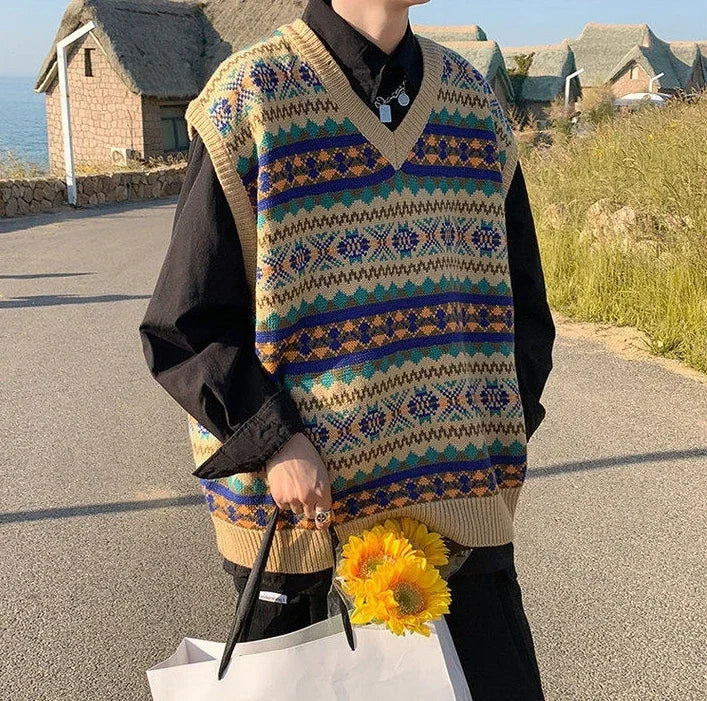 Men's Clothing Plaid Sleeveless Blue Knit Sweater Male Graphic Waistcoat Vest Casual Korean Style Baggy Fashion Stylish Hot A