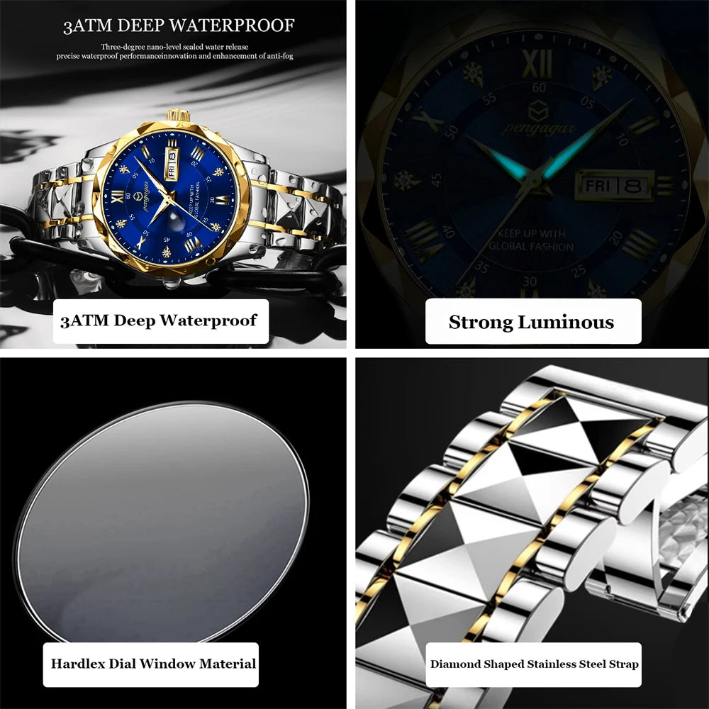 PENGAGAR Luxury Square Sport Man Wristwatch Waterproof Luminous Chronograph Quartz Men's Watches Stainless Steel Men Watch Reloj
