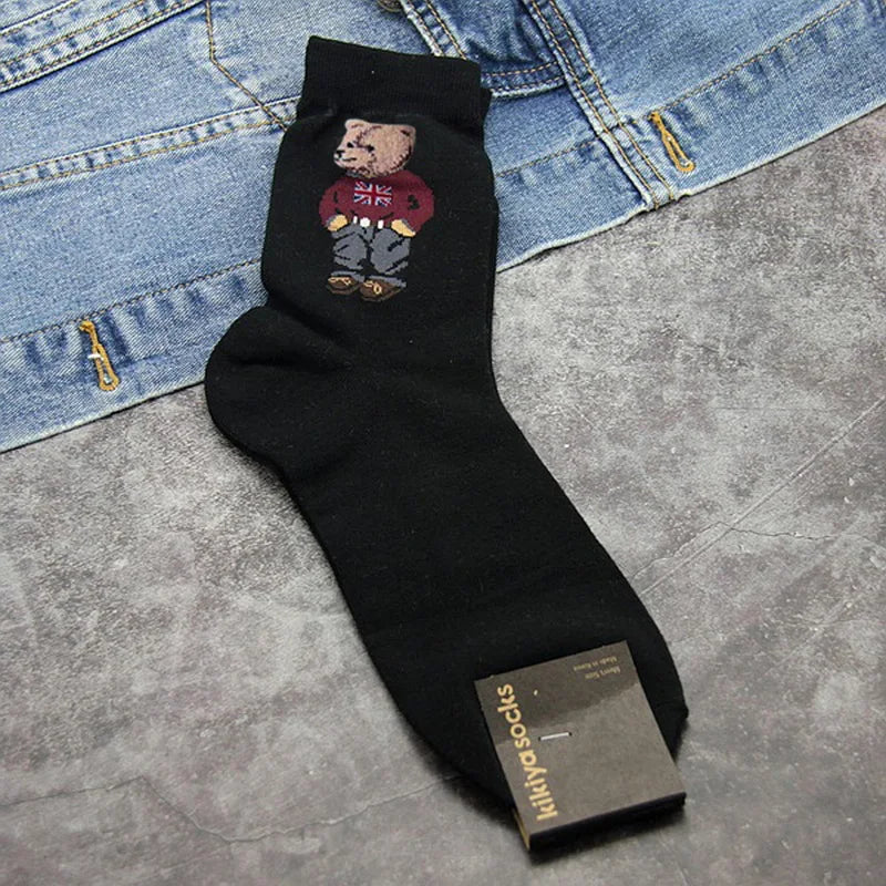 Cartoon Gentleman Bear Socks Red Socks for Men Cotton Harajuku Skateboard Socks Novelty Breathable Sox Christmas Gift