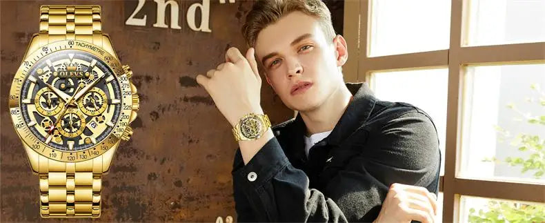 OLEVS Men's Watches Gold Luxury Hollow Out Style Original Quartz Watch for Man Waterproof Luminous Chronograph Date 24 Hours