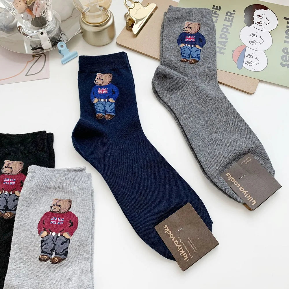 Cartoon Gentleman Bear Socks Red Socks for Men Cotton Harajuku Skateboard Socks Novelty Breathable Sox Christmas Gift