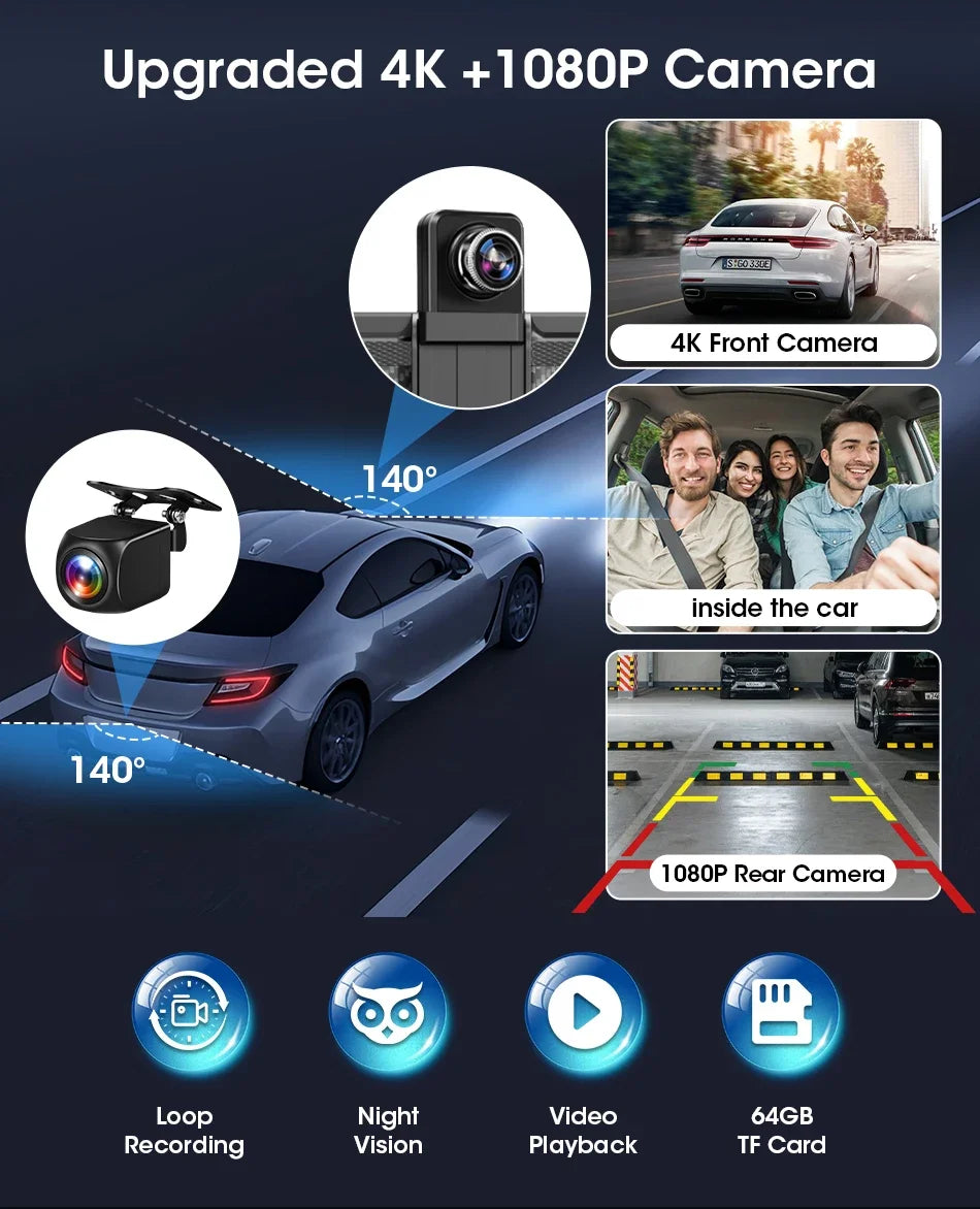 Srnubi Universal 11.26” Car DVR Wireless Carplay Android Auto 4K Front 1080P Rear Camera Dashcam GPS Navi Dashboard 24H Parking