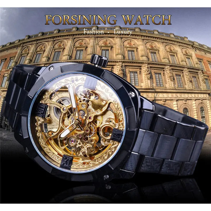Forsining Square Gold Skeleton Automatic Men Watch Engraved Movement Luminous Hands Mechanical Watches Luxury Stainless Steel