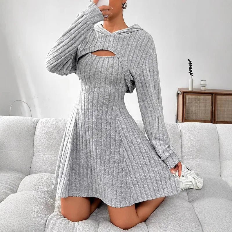 Woman Clothing Set Long Sleeved Hooded Top And Sleeveless Square Neck A-line Vest Dress