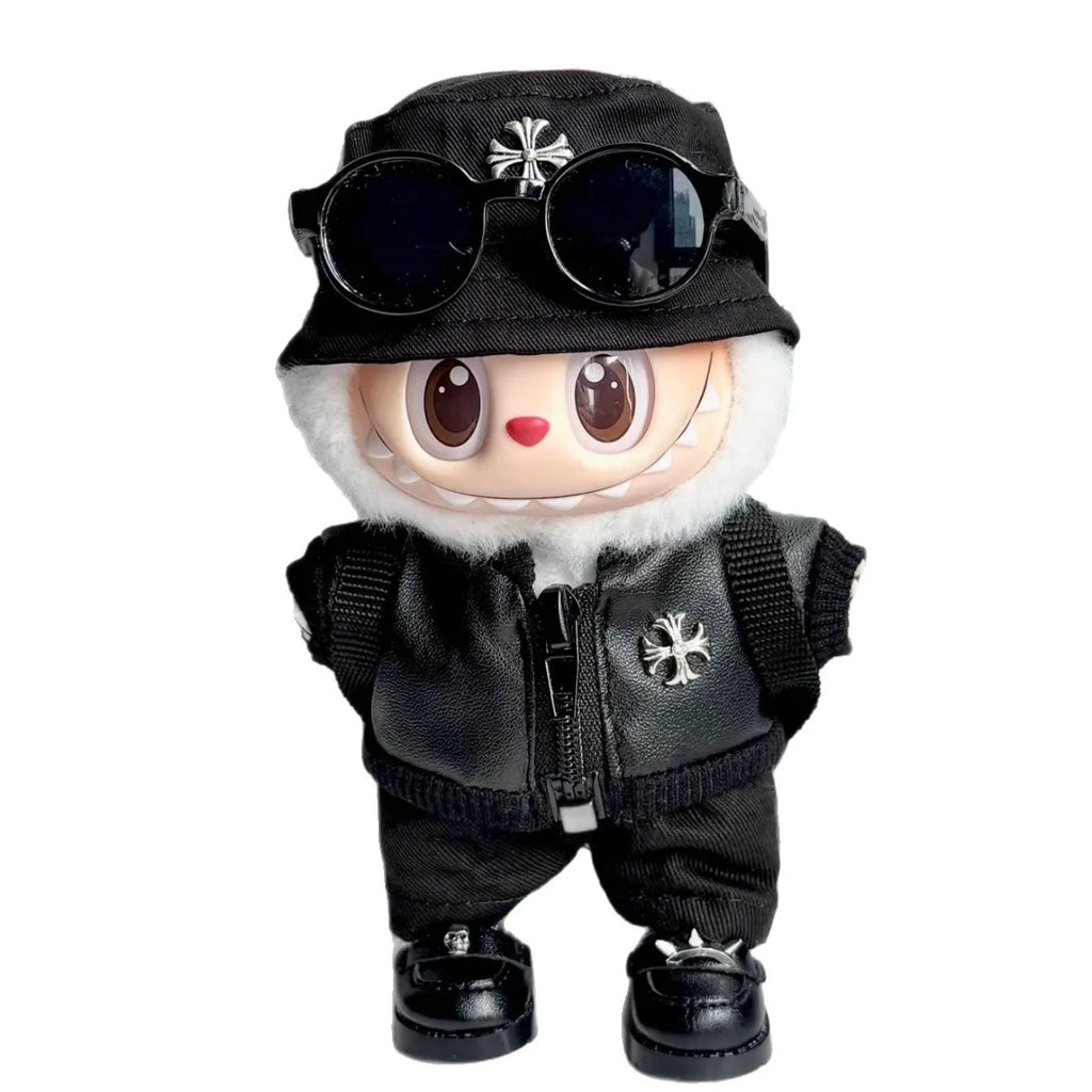 Clothes only] Labubwa clothes, black trendy cool leather jacket set, cute first, second and third generation clothes, hats, back